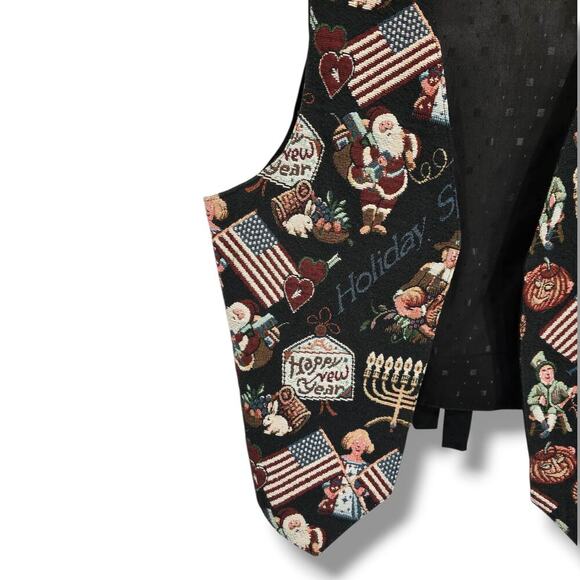 Womens Holiday Tapestry Vest Christmas Thanksgiving Hanukkah USA Flag Open Front - Picture 3 of 10